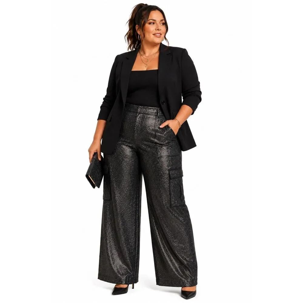 Black Sparkly High Rise Wide Leg Cargo Pants 2XL NWT Concert XPluswear